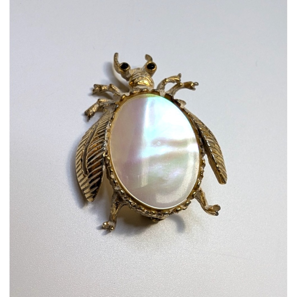 Vintage Mother of Pearl Scarab Beetle Brooch Iridescent Gold Tone Bug Pin